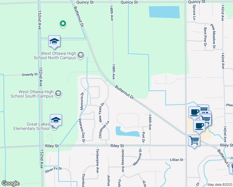 map of restaurants, bars, coffee shops, grocery stores, and more near 3611 Butternut Drive in Holland