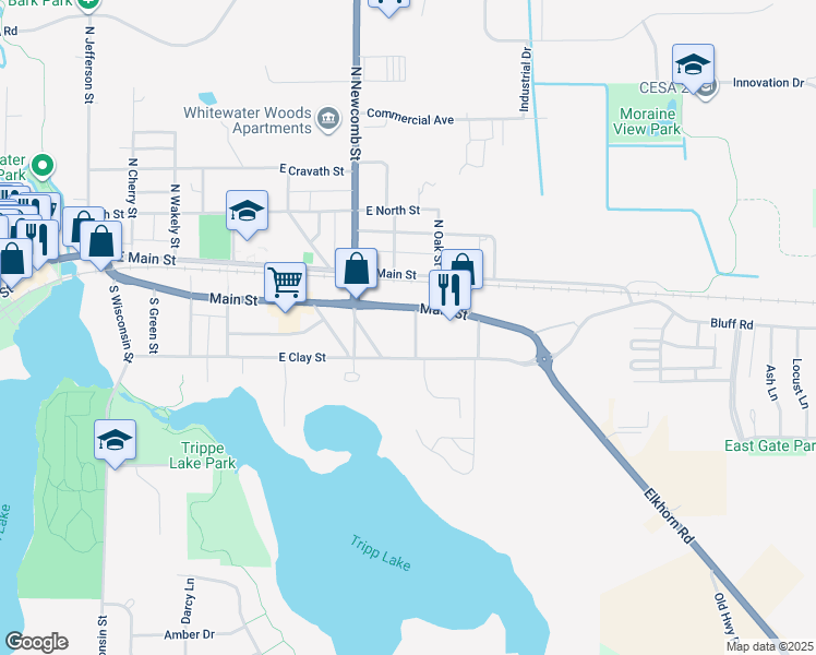 map of restaurants, bars, coffee shops, grocery stores, and more near 757 East Milwaukee Street in Whitewater