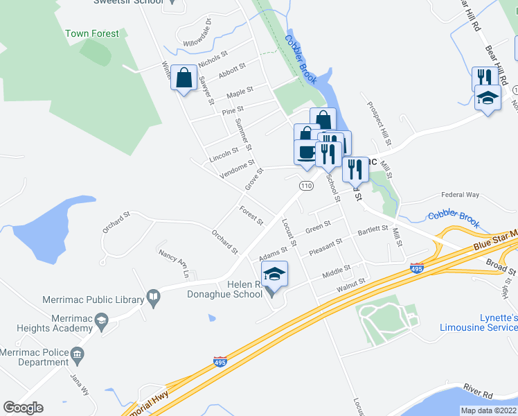 map of restaurants, bars, coffee shops, grocery stores, and more near 15 Woodland Street in Merrimac