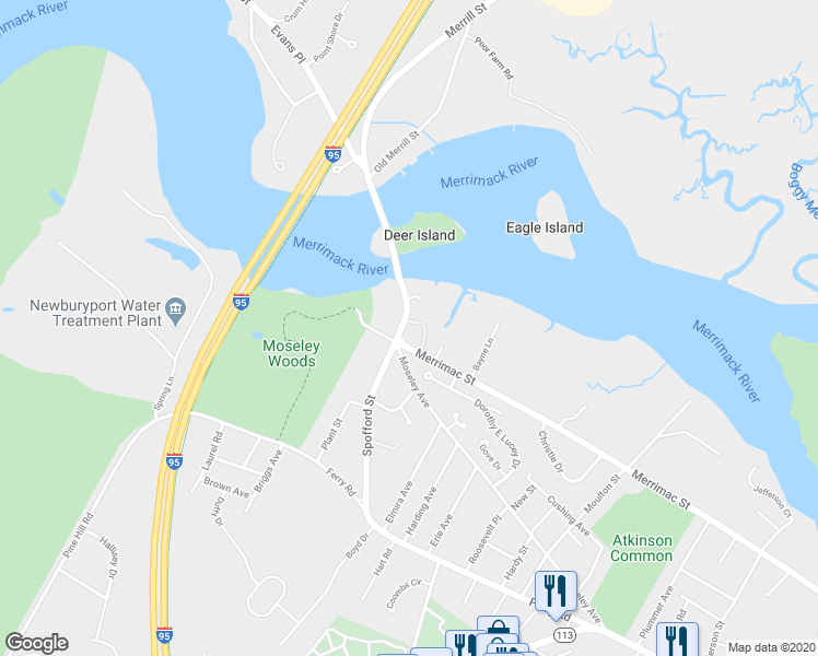 map of restaurants, bars, coffee shops, grocery stores, and more near 11 Spofford Street in Newburyport