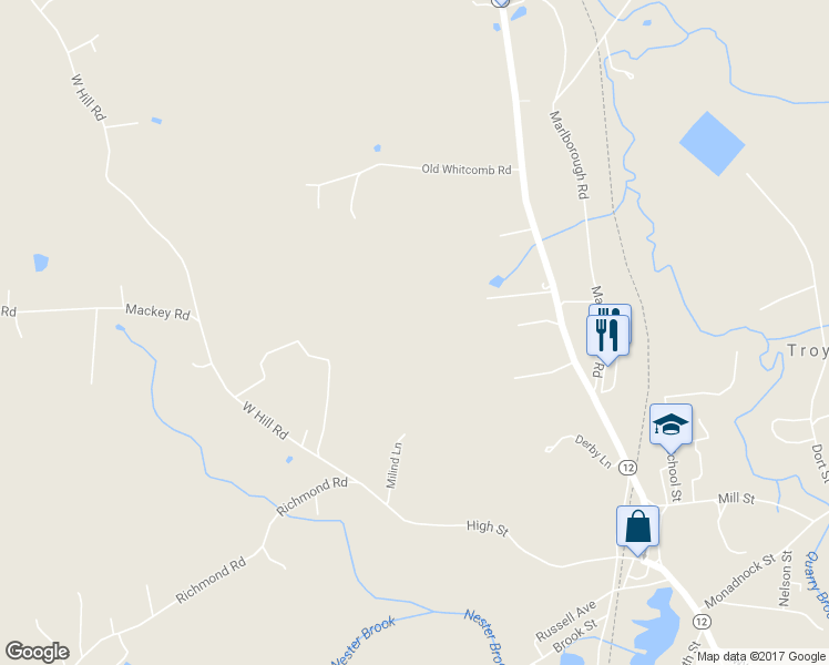 map of restaurants, bars, coffee shops, grocery stores, and more near 18 Deacons Way in Troy