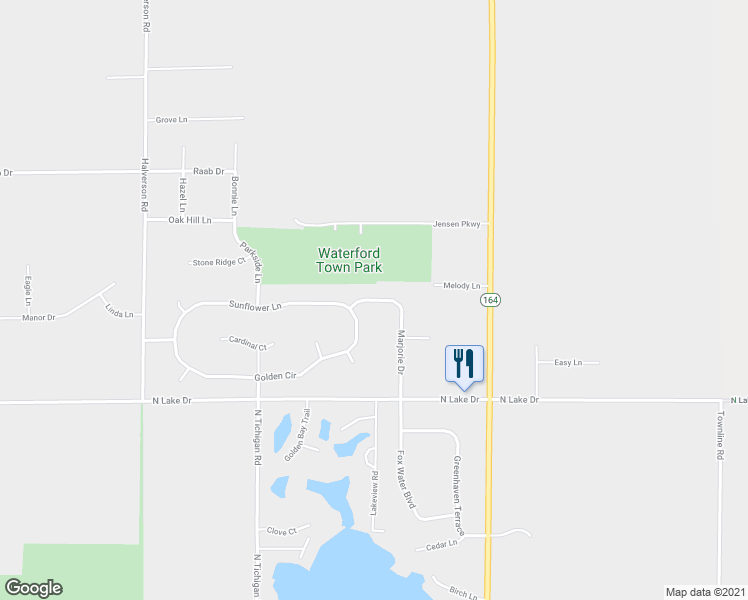 map of restaurants, bars, coffee shops, grocery stores, and more near 28699 Wildflower Lane in Waterford