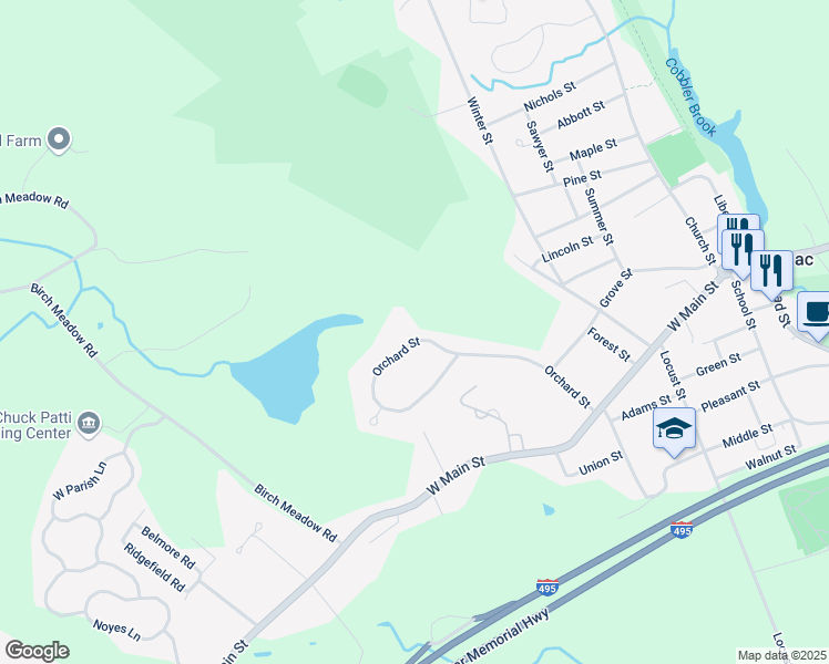 map of restaurants, bars, coffee shops, grocery stores, and more near 36 Orchard Street in Merrimac