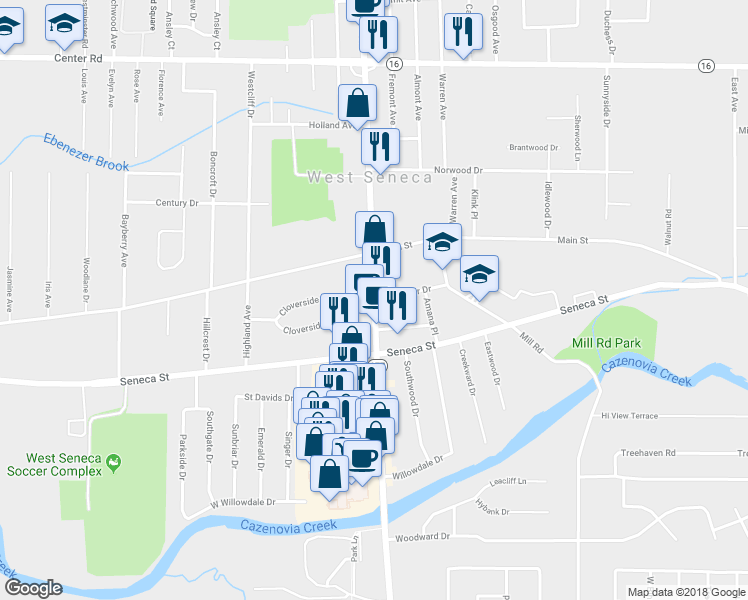 map of restaurants, bars, coffee shops, grocery stores, and more near Union Road & Ebenezer Drive in Buffalo