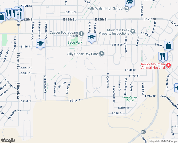 map of restaurants, bars, coffee shops, grocery stores, and more near 3080 East 18th Street in Casper