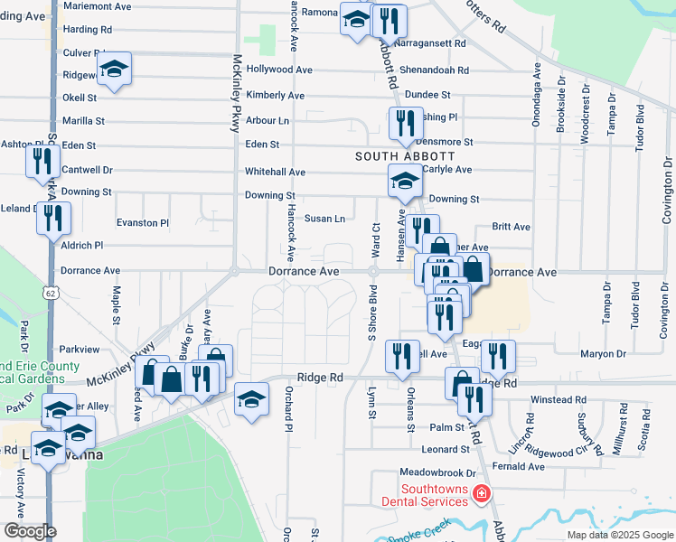 map of restaurants, bars, coffee shops, grocery stores, and more near 300 Dorrance Avenue in Buffalo