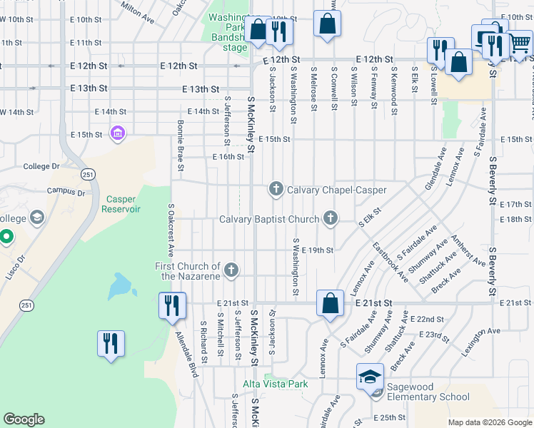 map of restaurants, bars, coffee shops, grocery stores, and more near 1725 S Jackson St in Casper