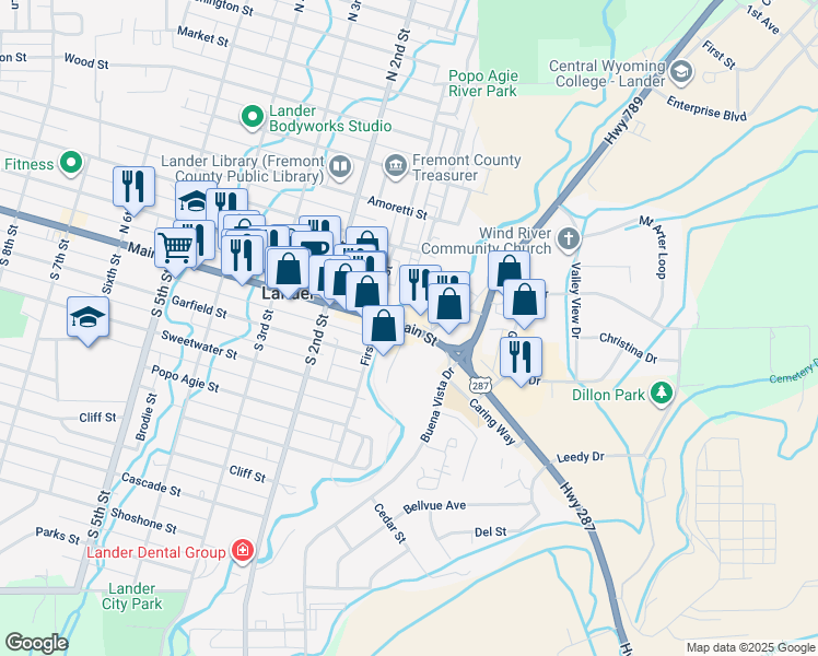 map of restaurants, bars, coffee shops, grocery stores, and more near East Main Street in Lander