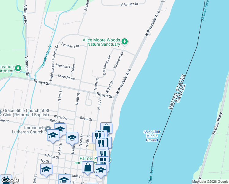 map of restaurants, bars, coffee shops, grocery stores, and more near 990 North 2nd Street in Saint Clair