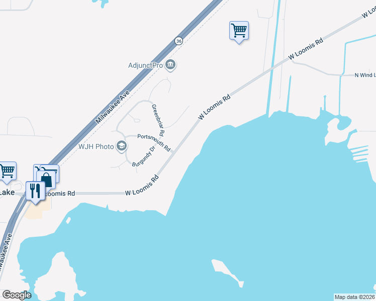 map of restaurants, bars, coffee shops, grocery stores, and more near 25402 West Loomis Road in Wind Lake