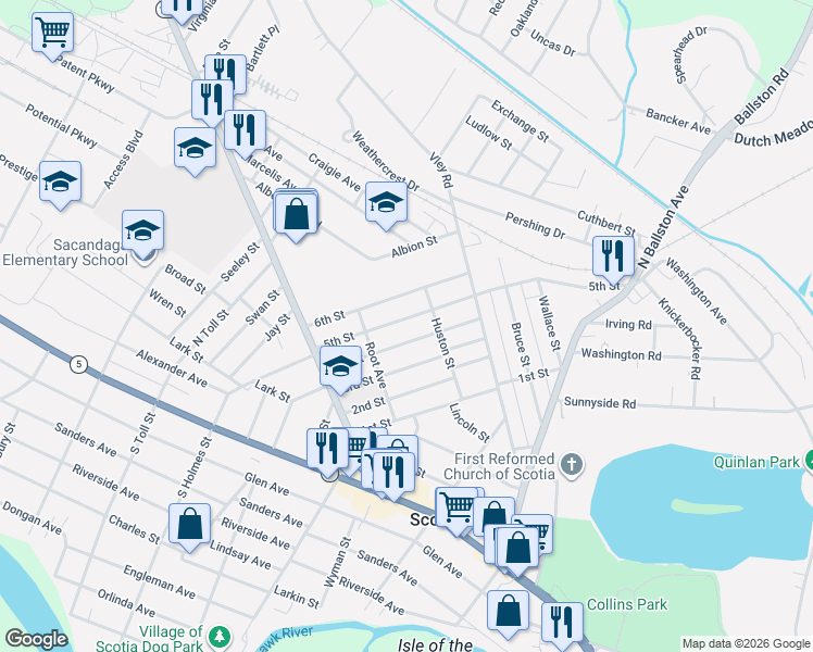 map of restaurants, bars, coffee shops, grocery stores, and more near 208 5th Street in Scotia