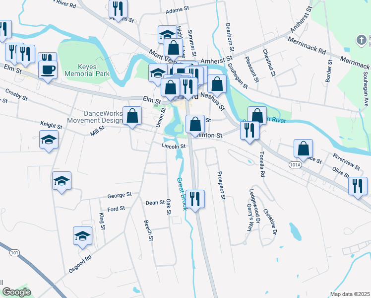 map of restaurants, bars, coffee shops, grocery stores, and more near 177 South Street in Milford