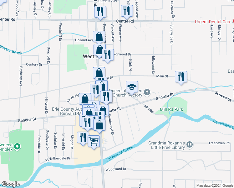 map of restaurants, bars, coffee shops, grocery stores, and more near 94 Ebenezer Drive in Buffalo