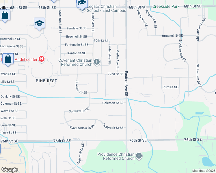 map of restaurants, bars, coffee shops, grocery stores, and more near 7246 Willard Avenue Southeast in Grand Rapids