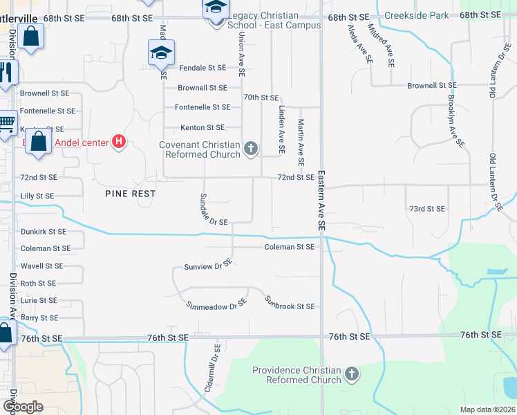 map of restaurants, bars, coffee shops, grocery stores, and more near 7278 Jewelbrooke Drive Southeast in Grand Rapids