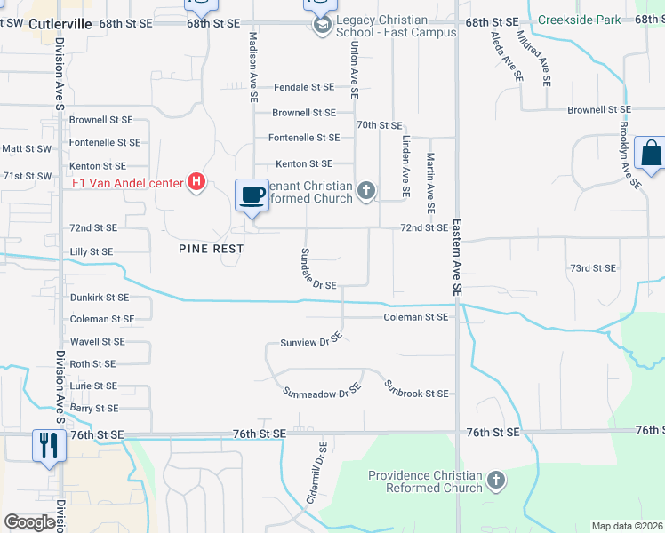 map of restaurants, bars, coffee shops, grocery stores, and more near 575 Sun Valley Court Southeast in Grand Rapids