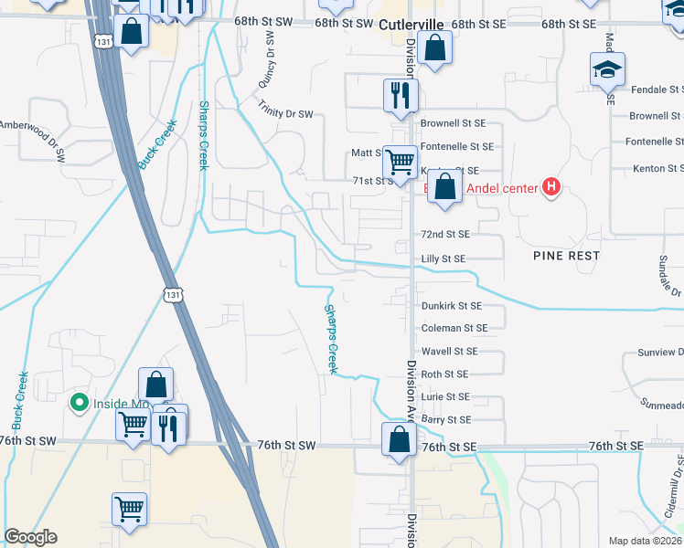 map of restaurants, bars, coffee shops, grocery stores, and more near Lichfield Drive Southwest in Grand Rapids