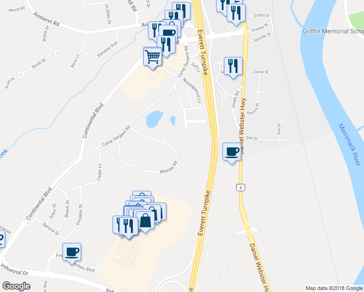 map of restaurants, bars, coffee shops, grocery stores, and more near 27 Danville Circle in Merrimack