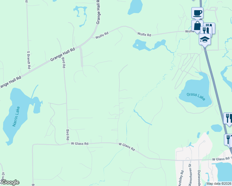 map of restaurants, bars, coffee shops, grocery stores, and more near 1200 Merkle Road in Ortonville