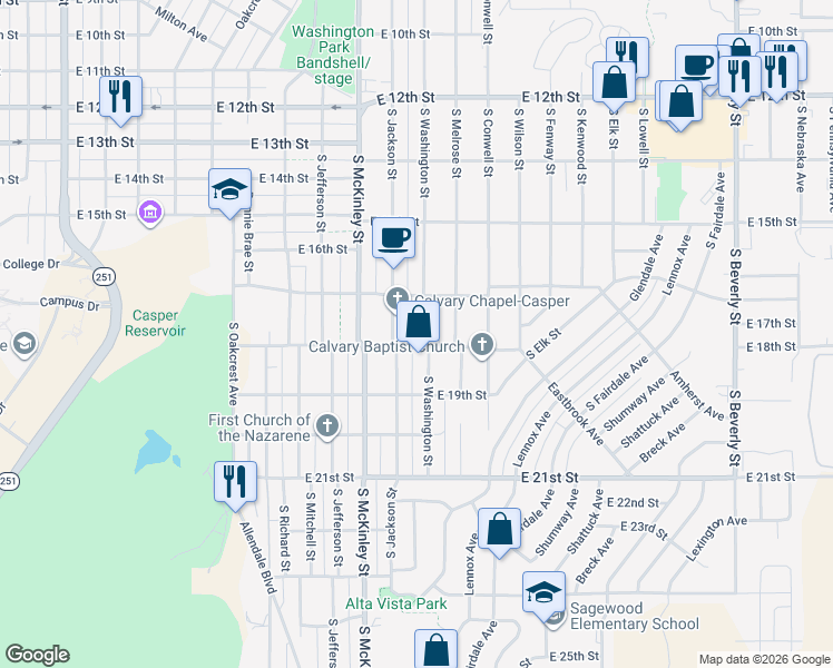 map of restaurants, bars, coffee shops, grocery stores, and more near 1698 South Washington Street in Casper