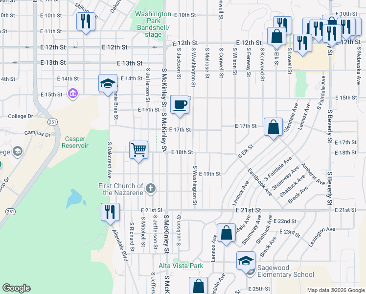 map of restaurants, bars, coffee shops, grocery stores, and more near 1725 S Jackson St in Casper