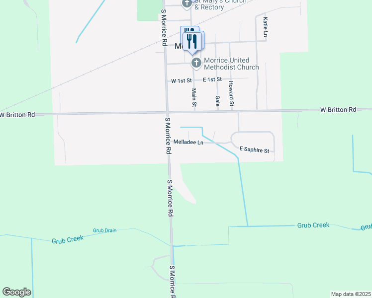 map of restaurants, bars, coffee shops, grocery stores, and more near 116 Melladee Lane in Morrice
