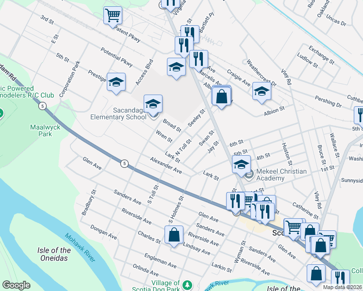 map of restaurants, bars, coffee shops, grocery stores, and more near 204 Wren Street in Scotia