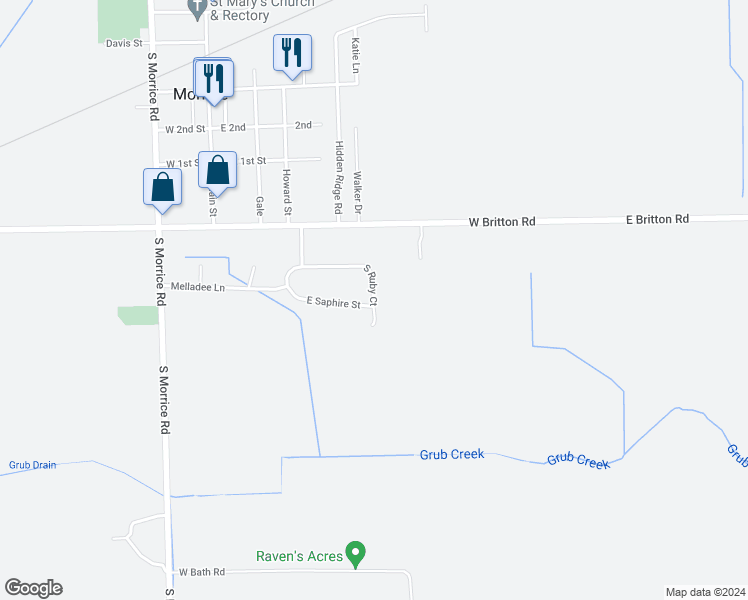 map of restaurants, bars, coffee shops, grocery stores, and more near South Ruby Court in Morrice