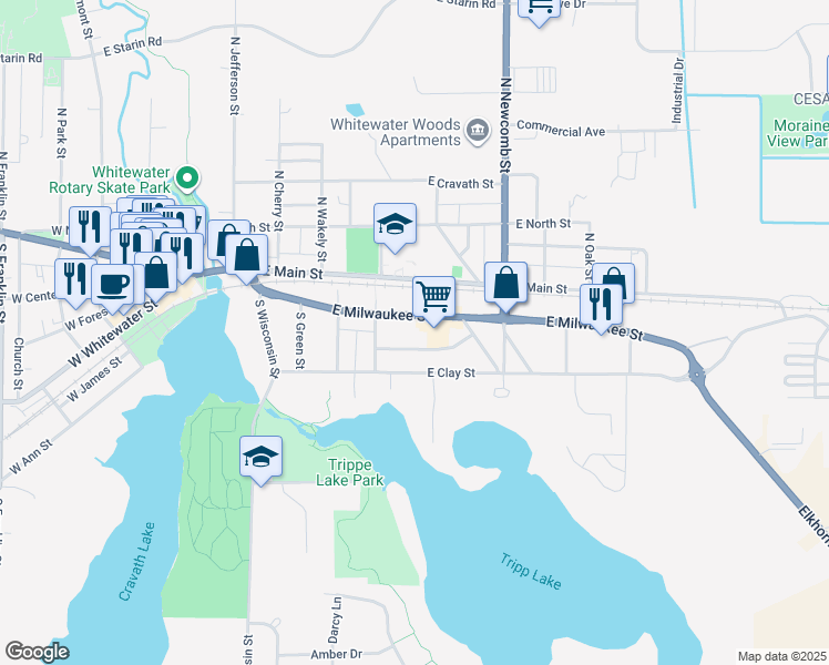 map of restaurants, bars, coffee shops, grocery stores, and more near 535 East Milwaukee Street in Whitewater
