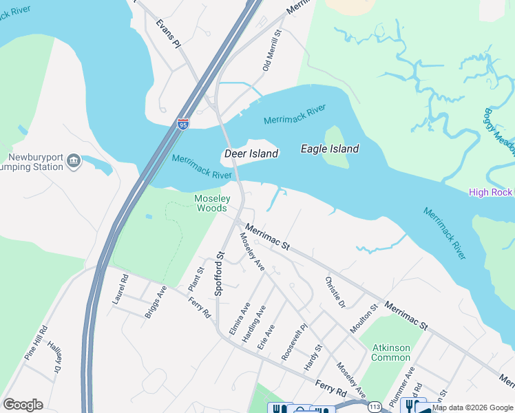 map of restaurants, bars, coffee shops, grocery stores, and more near 572 Merrimac Street in Newburyport