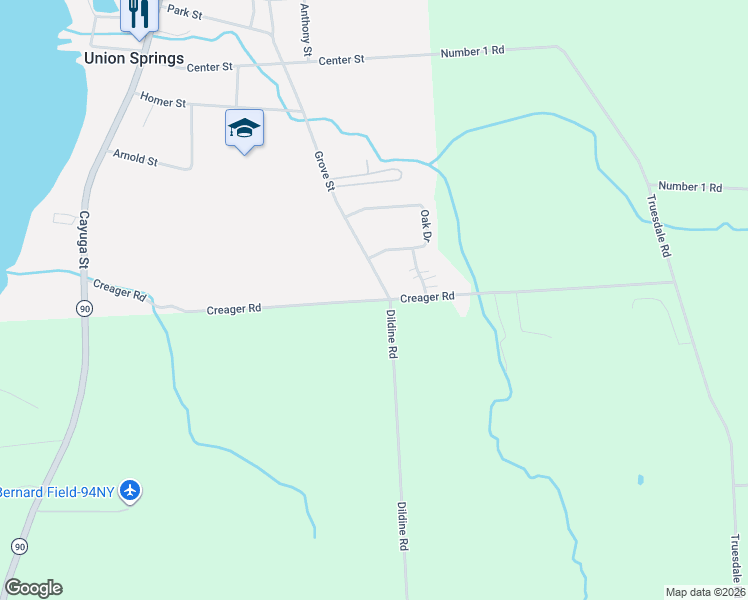 map of restaurants, bars, coffee shops, grocery stores, and more near 2 Grove Street in Union Springs