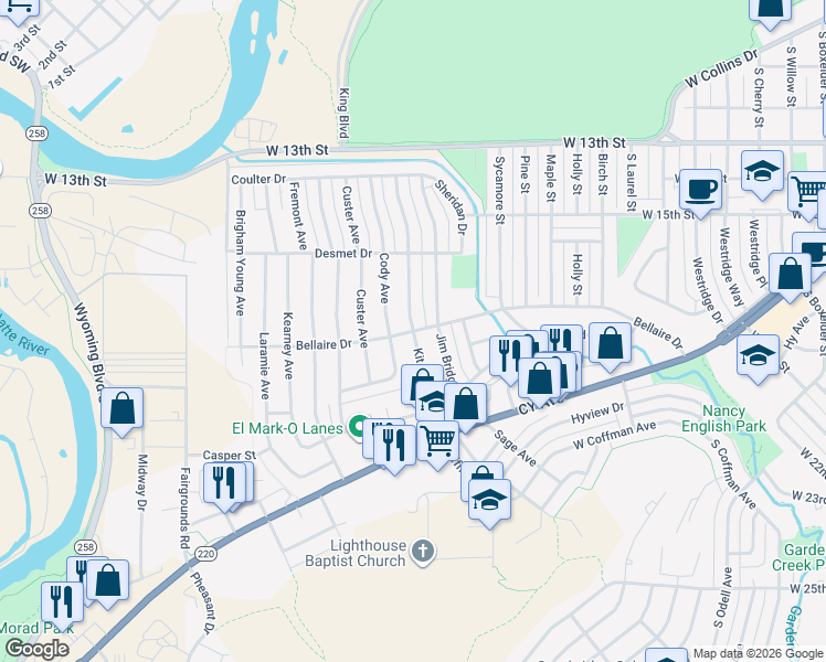 map of restaurants, bars, coffee shops, grocery stores, and more near 1798 Kit Carson Ave in Casper