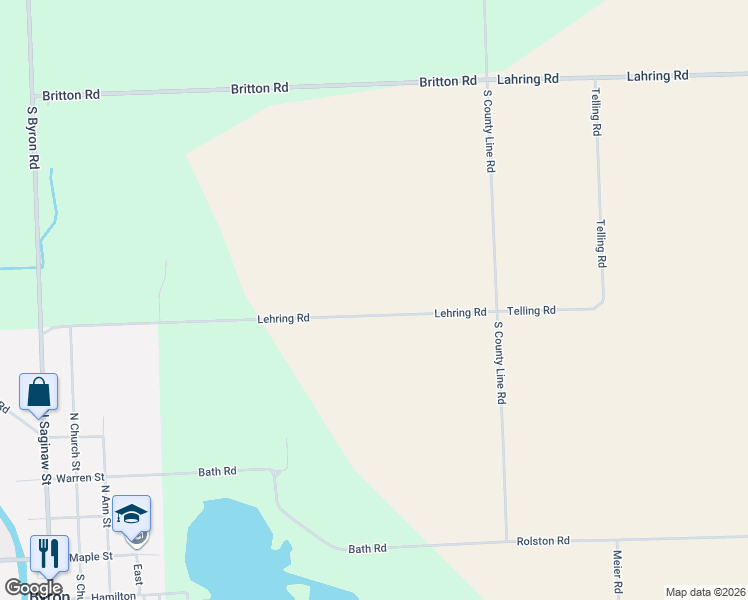 map of restaurants, bars, coffee shops, grocery stores, and more near 11691 Lehring Road in Byron