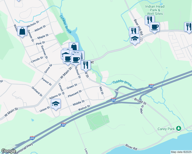map of restaurants, bars, coffee shops, grocery stores, and more near 9 Mill Street in Merrimac