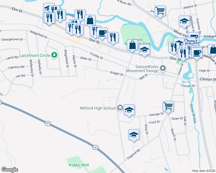 map of restaurants, bars, coffee shops, grocery stores, and more near 30 Berry Court in Milford