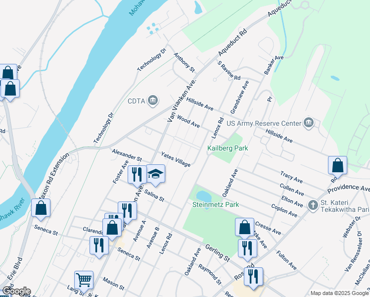 map of restaurants, bars, coffee shops, grocery stores, and more near 34 Van Vranken Avenue in Schenectady