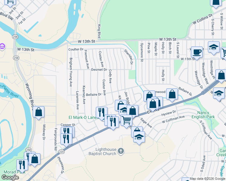 map of restaurants, bars, coffee shops, grocery stores, and more near 1600-1798 Kit Carson Ave in Casper