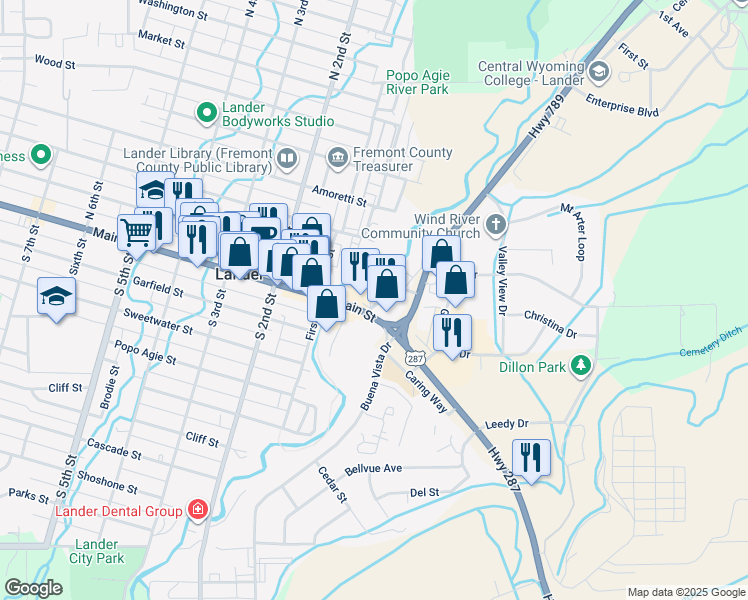 map of restaurants, bars, coffee shops, grocery stores, and more near 336 East Main Street in Lander