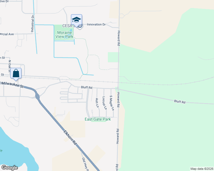 map of restaurants, bars, coffee shops, grocery stores, and more near 1360 Bluff Road in Whitewater