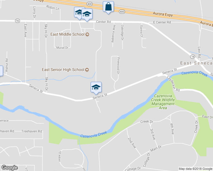 map of restaurants, bars, coffee shops, grocery stores, and more near 4808 Seneca Street in Buffalo