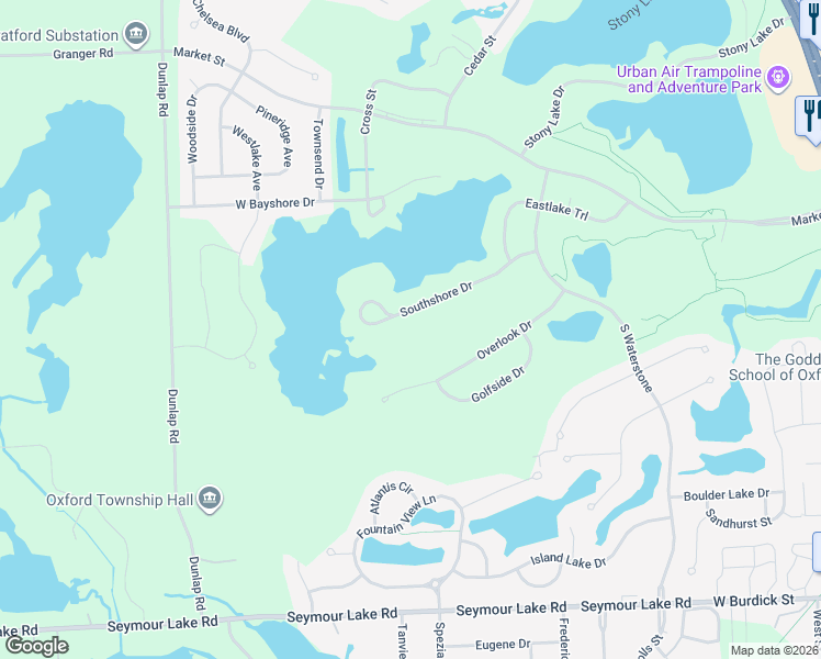 map of restaurants, bars, coffee shops, grocery stores, and more near 569 South Shore Drive in Oakland County