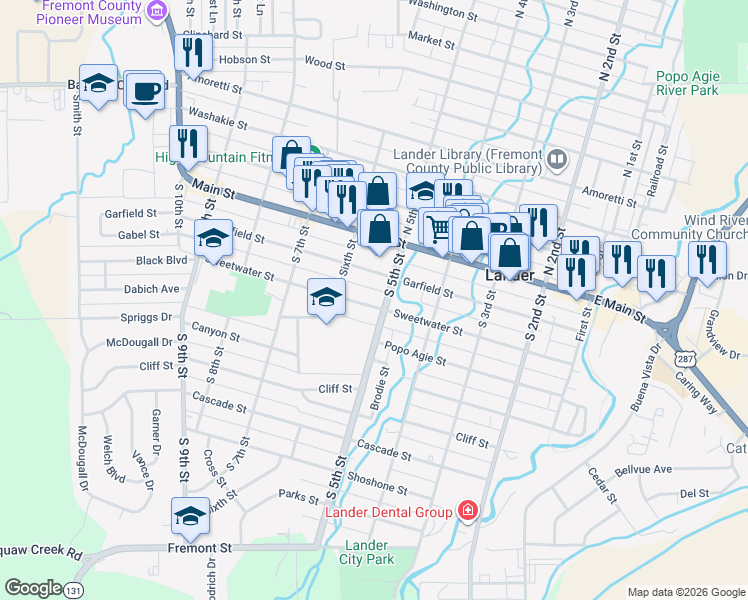 map of restaurants, bars, coffee shops, grocery stores, and more near 524 Sweetwater Street in Lander
