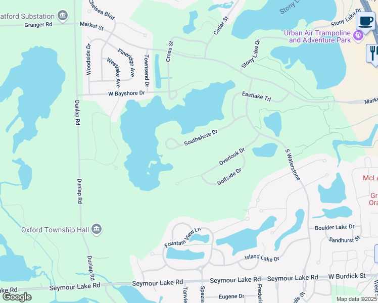 map of restaurants, bars, coffee shops, grocery stores, and more near 569 South Shore Drive in Oakland County