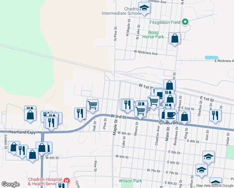 map of restaurants, bars, coffee shops, grocery stores, and more near 101-199 Maple Street in Chadron
