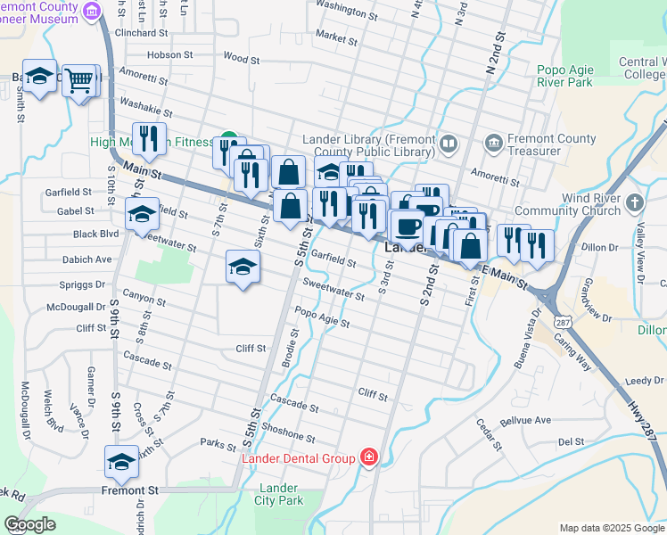 map of restaurants, bars, coffee shops, grocery stores, and more near 384 Garfield Street in Lander