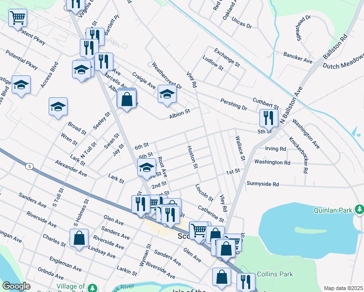 map of restaurants, bars, coffee shops, grocery stores, and more near 208 5th Street in Scotia