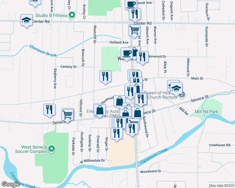 map of restaurants, bars, coffee shops, grocery stores, and more near 186 Cloverside Drive in Buffalo