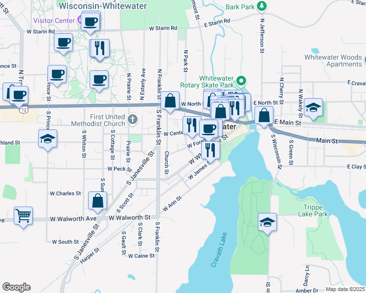 map of restaurants, bars, coffee shops, grocery stores, and more near 220 South 4th Street in Whitewater