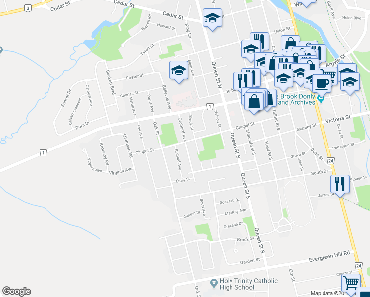 map of restaurants, bars, coffee shops, grocery stores, and more near 104 Orchard Avenue in Simcoe