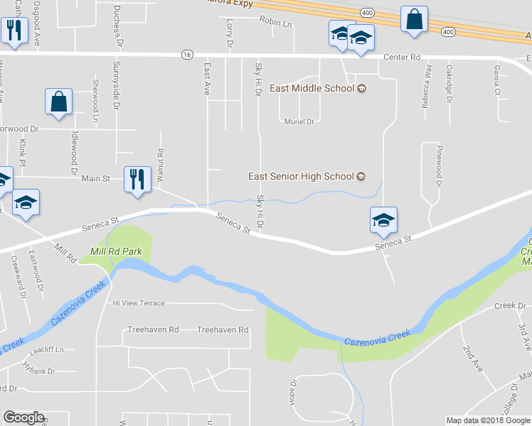 map of restaurants, bars, coffee shops, grocery stores, and more near 39 Sky Hi Drive in Buffalo
